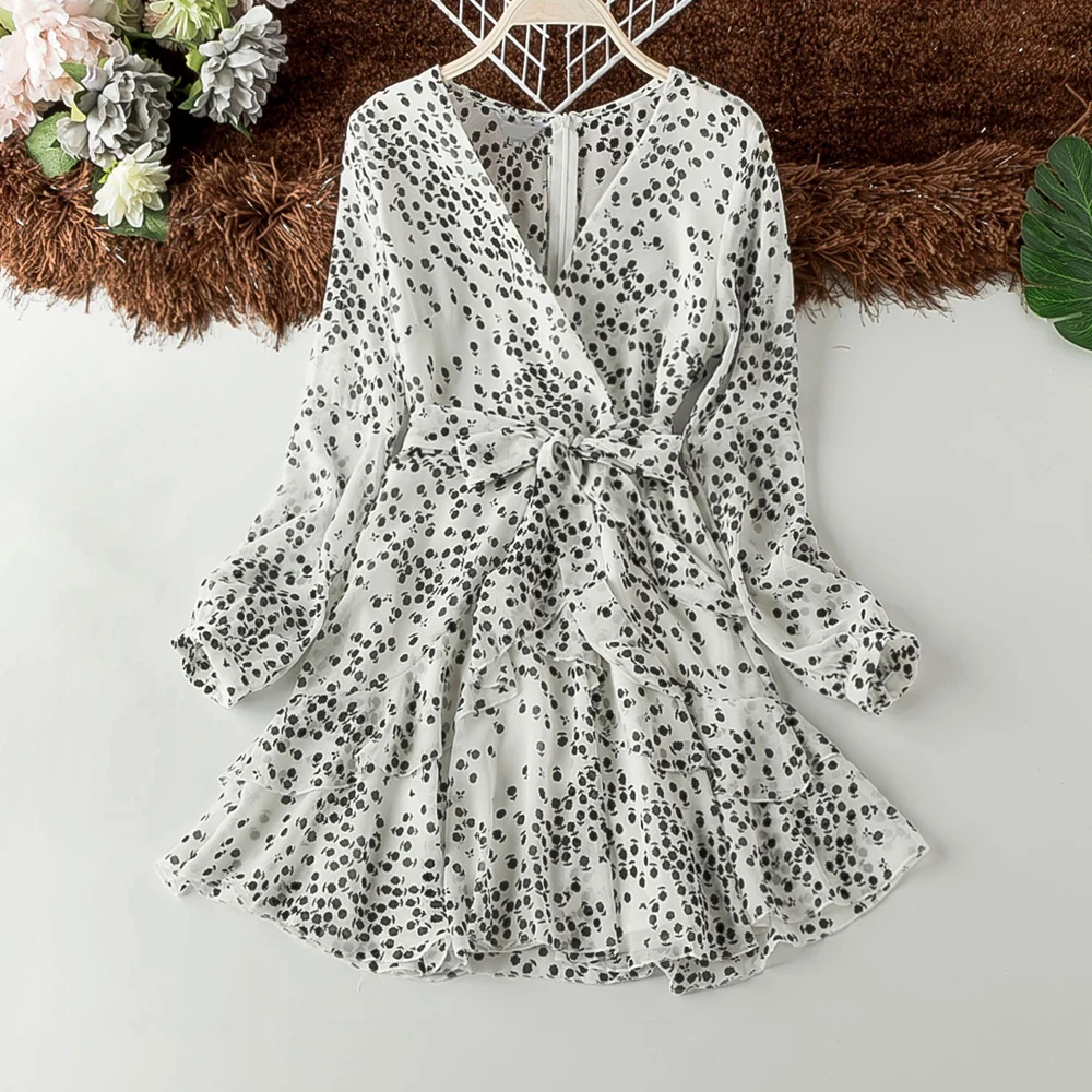 

Elegant Dot Print Chiffon Summer Dress 2019 Long Sleeve Sunscreen Belt Slim Thin Vestidos For Woman Stylish V Neck Dress Women