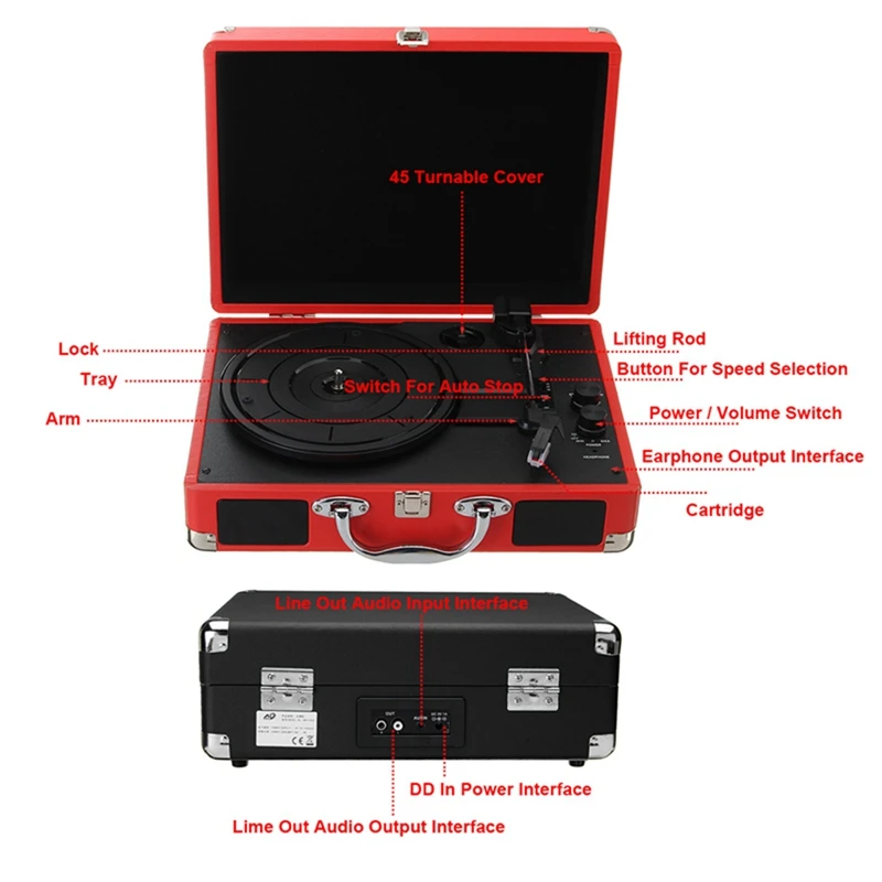Штепсельная Вилка европейского стандарта 33/45/78 оборотов в минуту, Bluetooth Портативный чемодан проигрыватель винил Lp запись телефона Player 3-Скорость разъём подачи внешнего сигнала Aux-In линейный выход 100-240V(красный