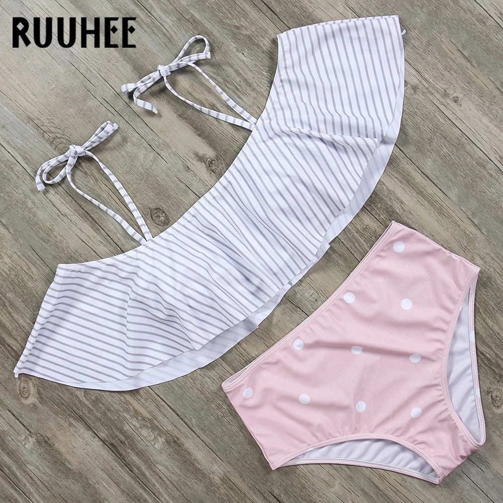 

RUUHEE Off Shoulder Bikini Women Swimsuit Swimwear Women Ruffle Lace Up Bikini Top Swim Sets Bathing Suit Push Up Biquini 2018