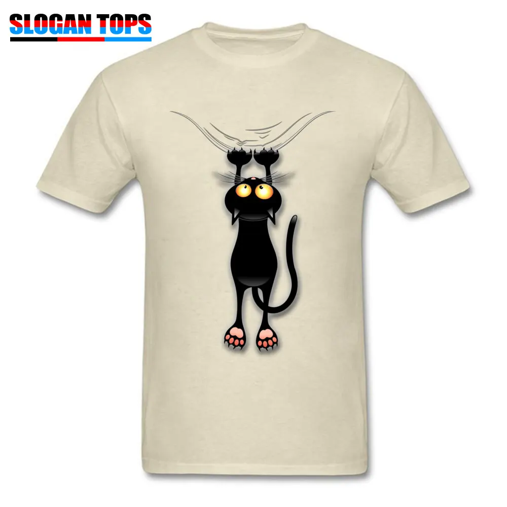 O-Neck Fun Black Cat Falling Down Cotton Fabric Men's T Shirt Street Short Sleeve Tops T Shirt Plain Design Clothing Shirt Fun Black Cat Falling Down beige