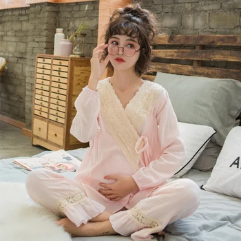 

Nursing Clothes Maternity Pajamas Cotton Pregnant Pajama Fashion Cotton Plain Gauze Breastfeeding Sleepwear Tops&Pants Set A221