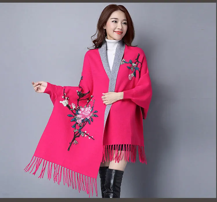 Винтажное пончо с цветочной вышивкой и рукавами-бабочками, женский весенний свитер с кисточками, кардиган, пальто, женское пончо, накидка
