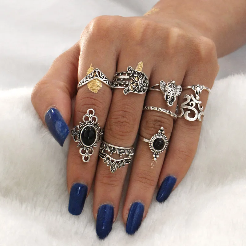 

10 Pcs/set Bohemian Vintage Tibetan Silver Flower Hand Geometric Crystal Ring Set Women Charm Joint Ring Party Wedding Jewelry