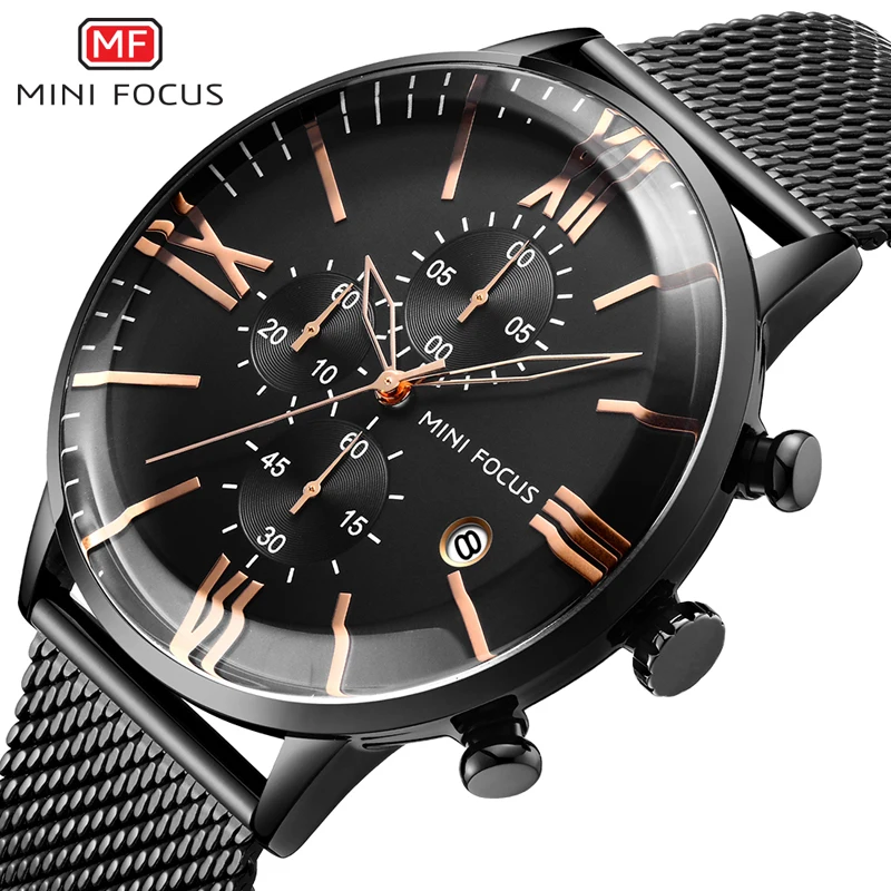 

MINIFOCUS New Men Fashion Casual Quartz Watch Man Waterproof Stainless Steel Mesh Wristwatch Unique Dial Date Relogios Masculino