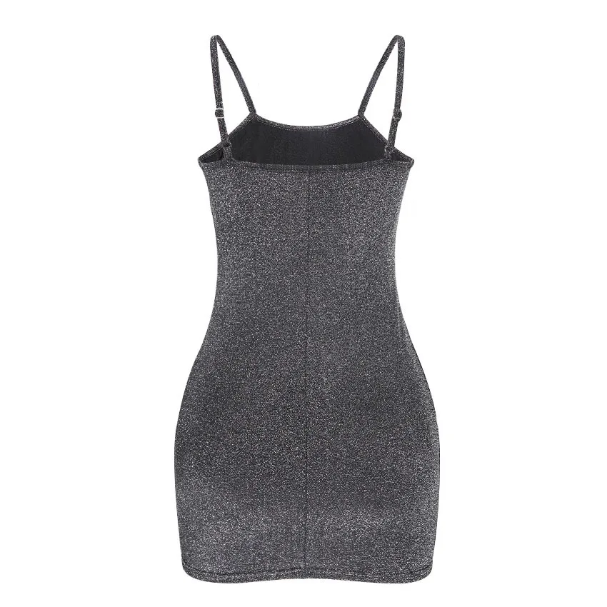 2018 Women Sexy Waist Silver Dress Temperament commute Suspender Backless Slim Dress Off Shoulder Dress Slim Fit