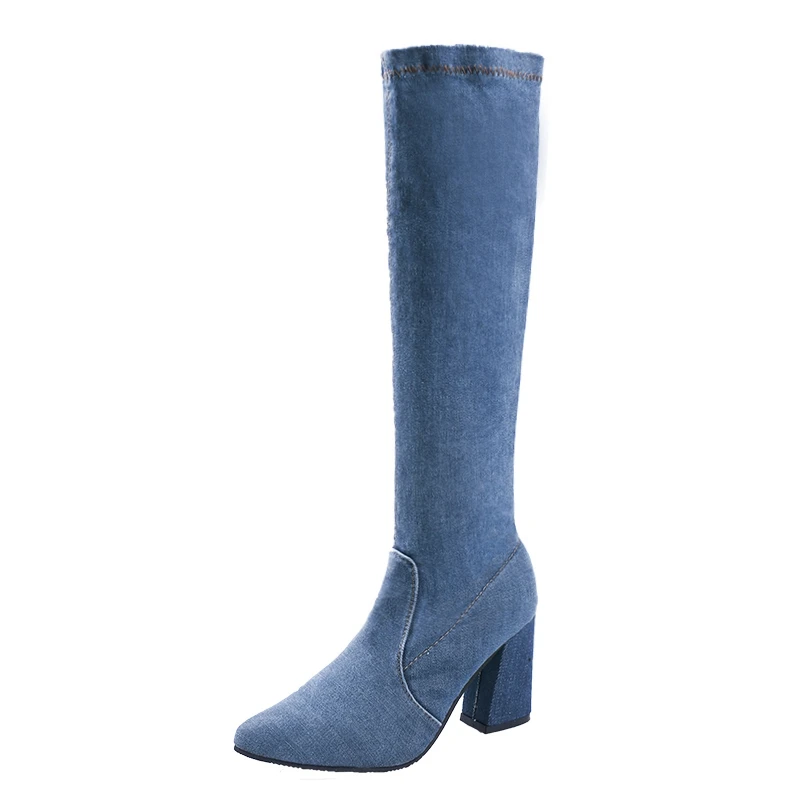 SIMLOVEYO/зимние сапоги Сапоги выше колена с острым носком на толстом каблуке джинсовые сапоги на молнии со шнуровкой; botas mujer zapatos de mujer
