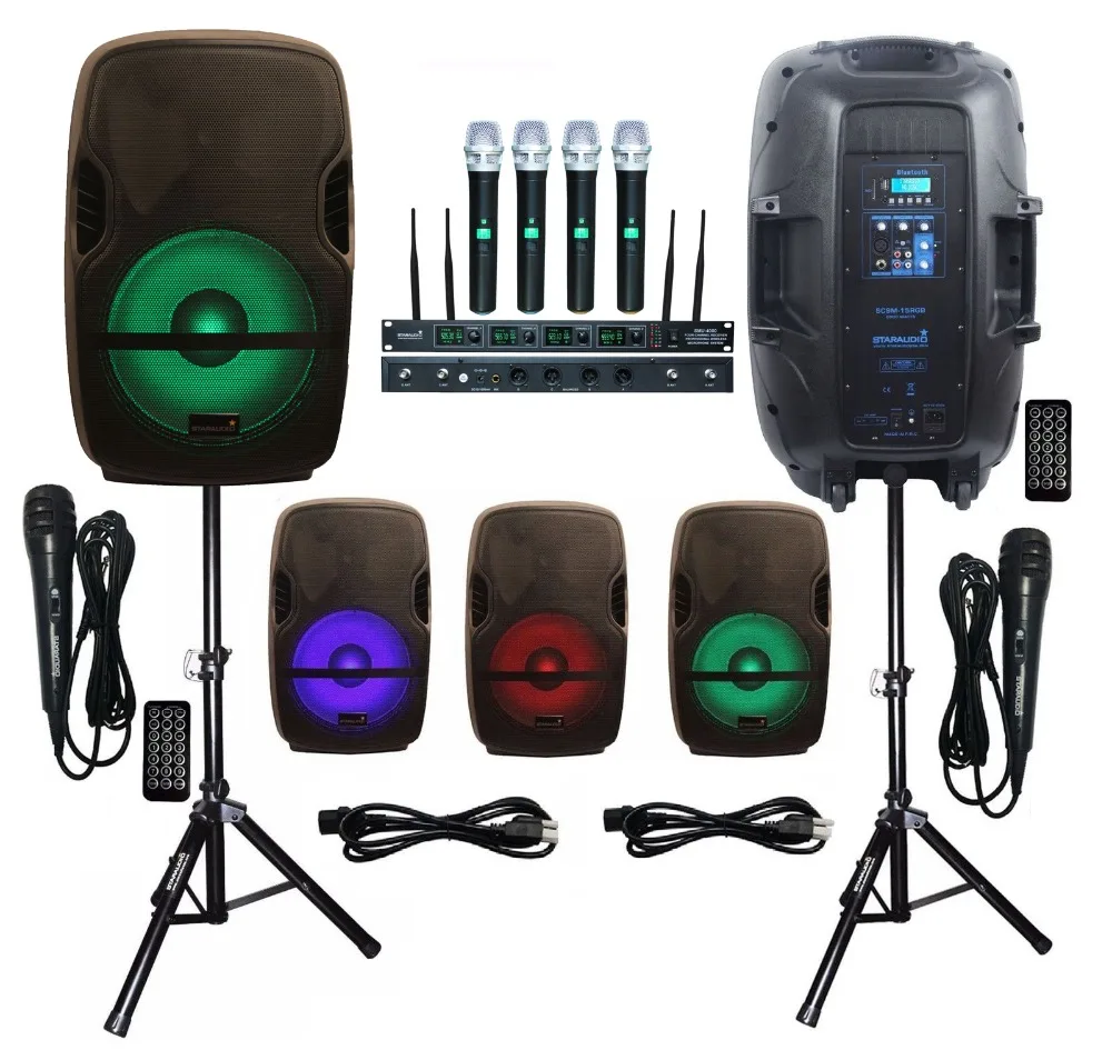 

STARAUDIO 2Pcs 15" 2000W Powered Stage PA DJ Speakers Party Spekaer Stands 4 Channel UHF Handheld Microphone System SCSM-15RGB