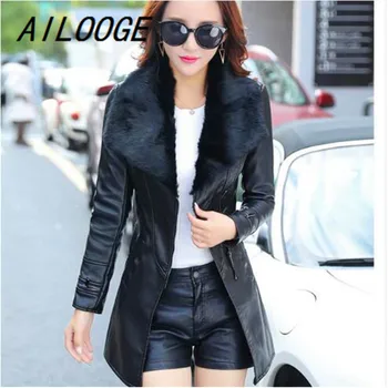 

AILOOGE 2017 Fur Collar Women Long Leather Jacket Coat Female Winter Long Sleeve Suede Fur Jacket Women Bow Motorcycle Jacket