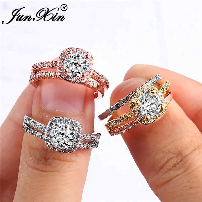 JUNXIN 80% OFF! Bridal Set Female White Crystal Engagement Ring Sets For Women 925 Silver Rose Gold Filled Square Zircon Jewelry
