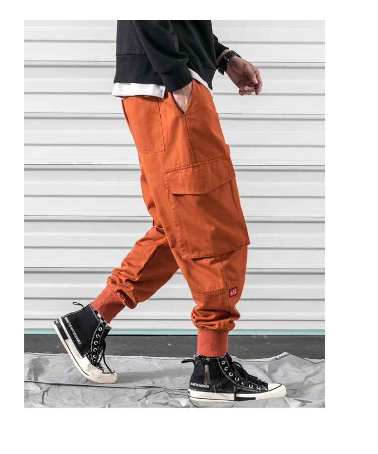 Весенние брюки-карго, мужские хлопковые удобные брюки для бега, оранжевые, черные, много карманов, штаны, на лодыжке, мужские повседневные брюки A913