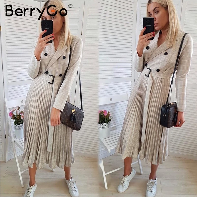 Skup BerryGo jesienno zimowa damska marynarka sukienki vestidos plisowana, w kratę długa sukienka elegancka biurowa, damska suknia damska z wysokim stanem