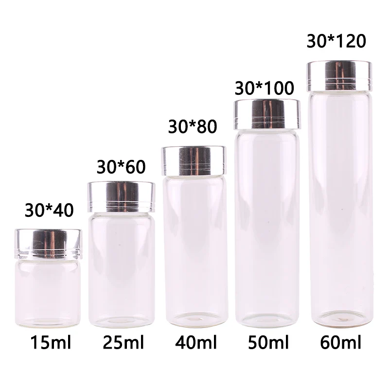 

Dia 30mm 15ml 25ml 40ml 50ml 60ml Transparent Glass Spice Bottles Jars Terrarium with Silver Aluminum Lid Wedding Craft 24pcs