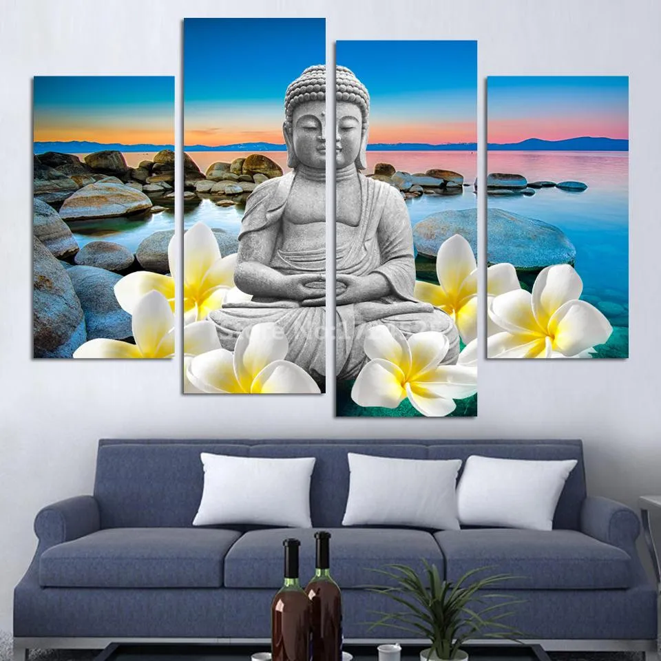 2017 Promotion New 4 Panels For Buddha Picture Modern Wall Decor Hd Print Seaview Cuadros Decoracion Painting On Canvas Mural | Дом и сад