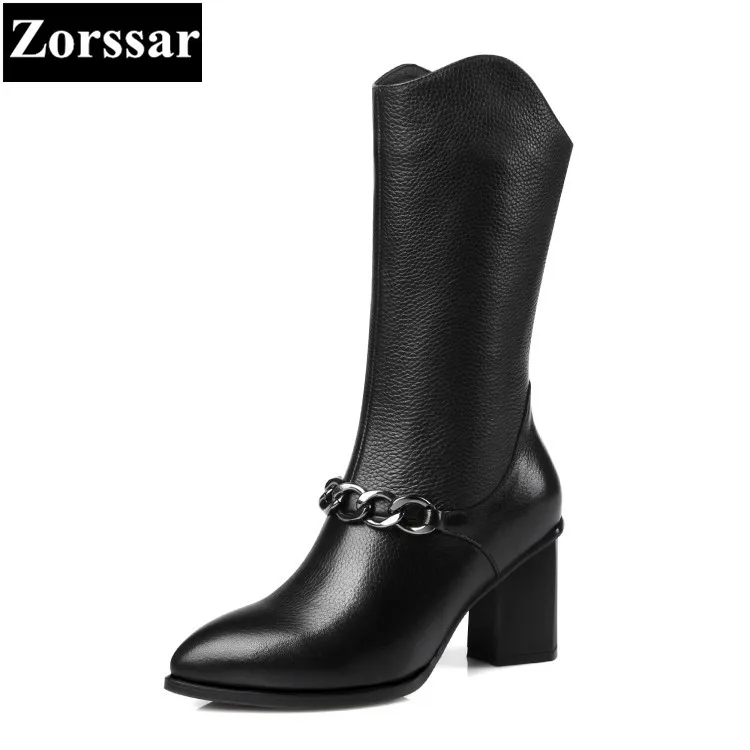 

{Zorssar} 2017 NEW Fashion chain Genuine Leather High heels Mid-Calf boots zipper women riding boots Autumn winter female Shoes