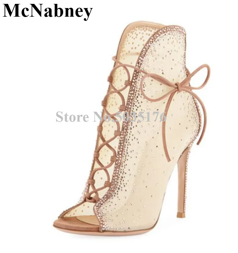 

2019 European New Peep Toe Rhinestone Cross-tied Ankle Strap Stiletto Heel Lace-Up Ankle Short Boots Spring/Autumn Women Shoes