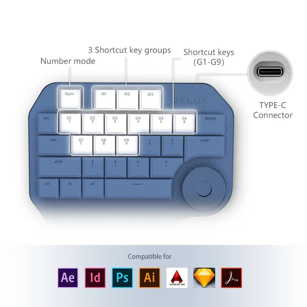 Delux T11 Designer Keyboard with Smart Dial 3 Group Customizable Keys Keypad Compatibility for Wacom Windows Mac Design Software Delux T11 Designer Keyboard with Smart Dial 3 Group Customizable Keys Keypad Compatibility for Wacom Windows Mac Design Software