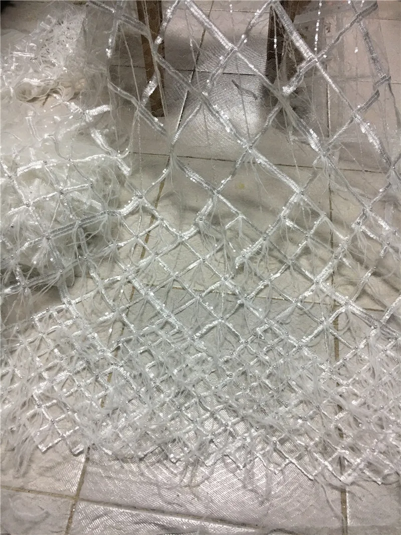 

JRB-110510 embroidered Mesh Tulle fabric with beads feather and sequins Nigerian lace fabrics for wedding dress