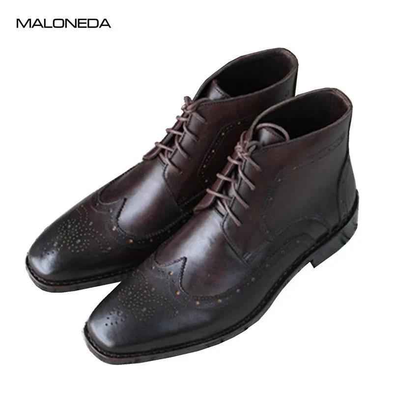 

MALONEDA Retro Italian Style Gentleman Short Boot Brogue Partten Handmade Goodyear Genuine Leather Ankle Boots Waterproof