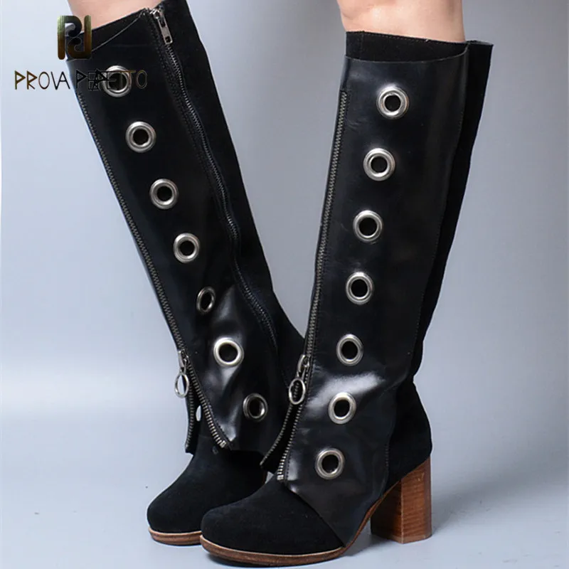 

Prova Perfetto 2018 Euramerican Winter Square Toe Long Boots with Plush Rivet High Heel Genuine Leather Martin Boots Mixed Color