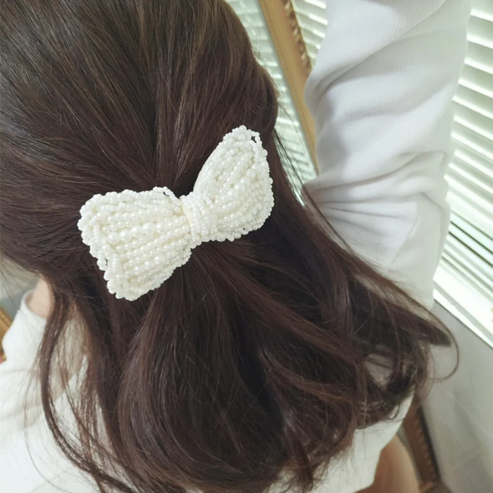 

Korean Crystal Hair Clips For Women Simple Duckbill Clips Imitation Pearls Hairpins Bow Knot Elegant Barrettes Hair Ornament