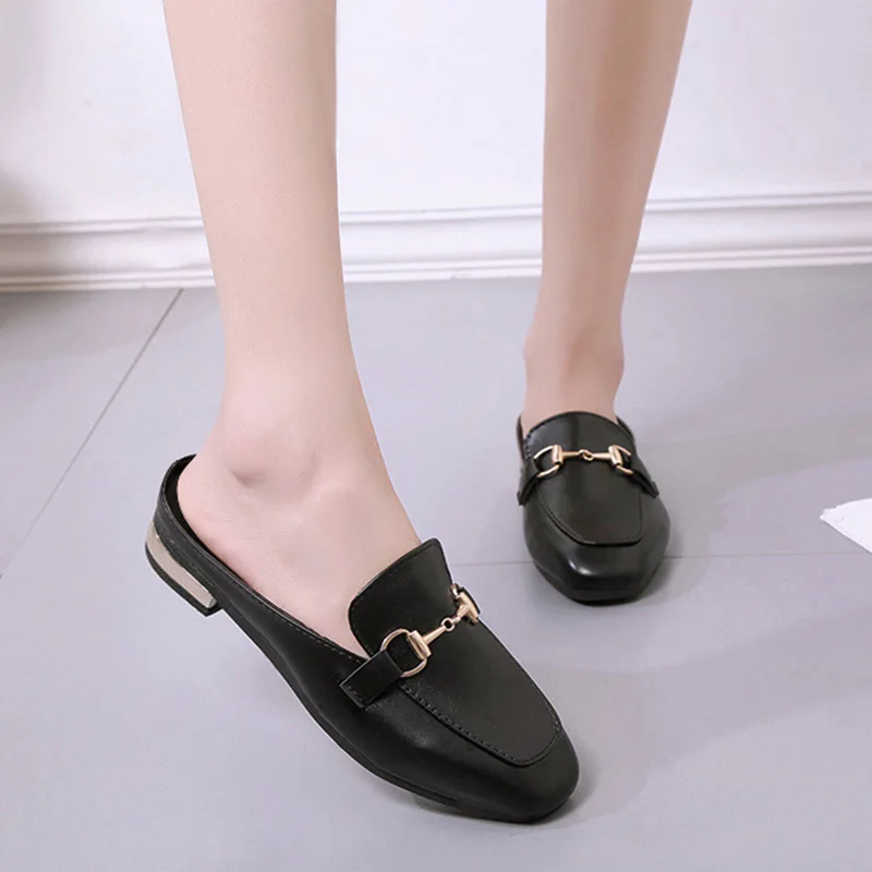 Slipper Woman Casual Square Toe Women Mules Shoes Slippers Slides Ladies Flat Fashion Metal Black Slip On Outdoor Mules Slippers