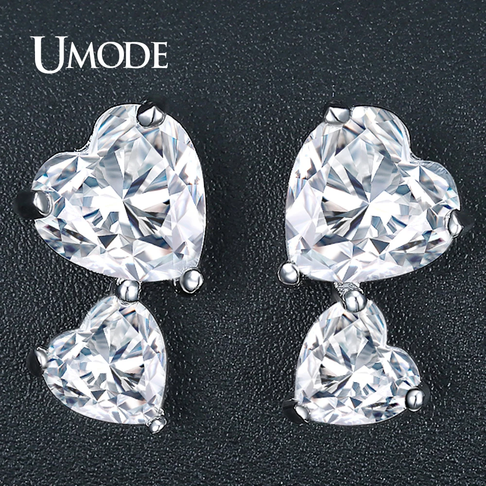 UMODE Trendy Fashion Wedding Jewelry Double Hearts CZ Crystal Stud Earrings for Women Love Gift Boucle D'Oreille Femme AUE0336