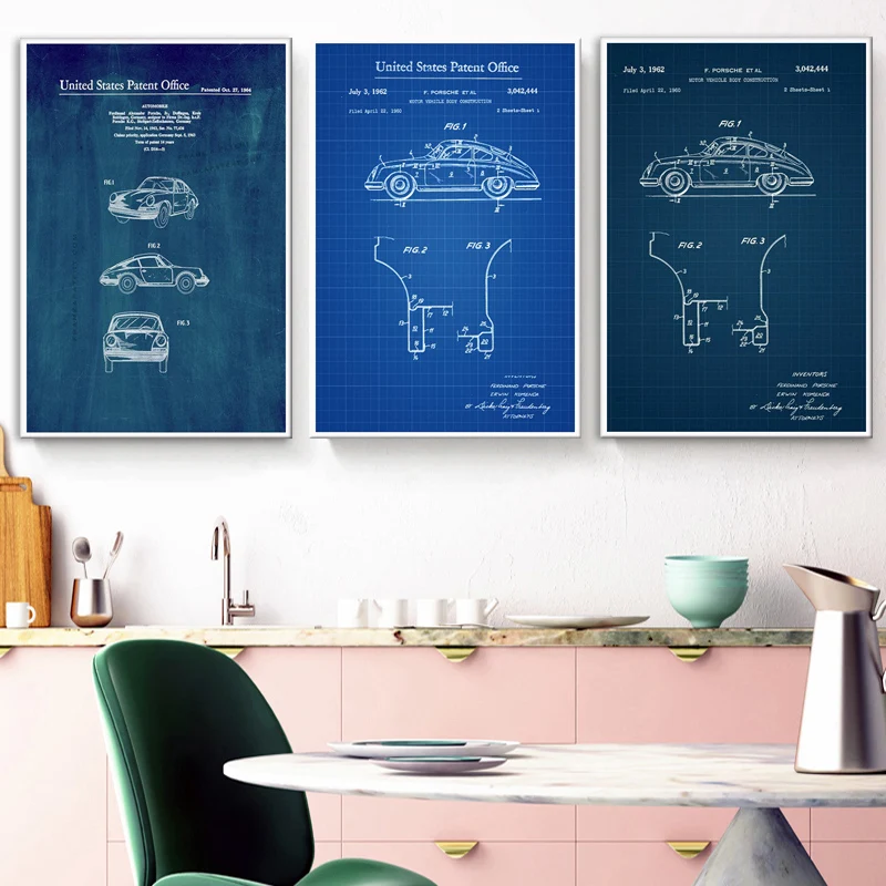 

Posters and Prints New 1962 Patent Blueprint Modern 911 Car Poster Wall Art Picture Canvas Painting for Room Home Decor