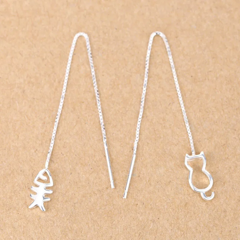 

Asymmetric Cat Fish Bone 925 Sterling Silver Dangling Earrings