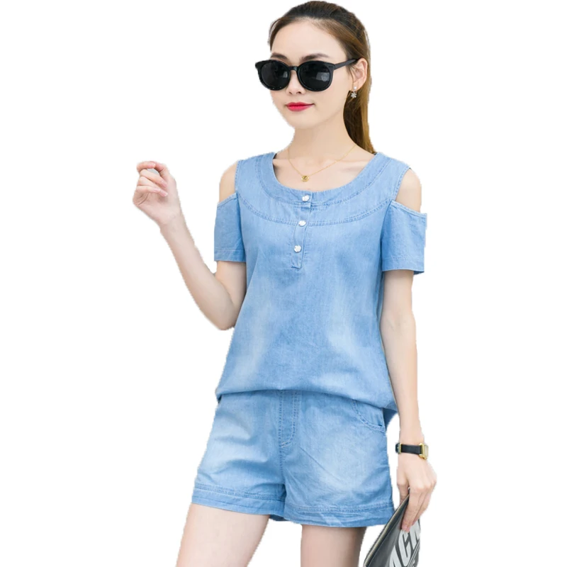 New Fashion 2 Peça Set Mulheres de Manga Curta O Pescoço Tops Calças curtas Denim Ternos de Duas Peças Set Conjunto Feminino Casual treino