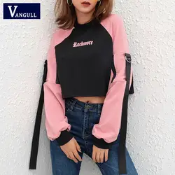 Vangull 2019 Мода Осень Новые Для женщин Розовый Короткое худи короткий Свитшот Высокая поясная пряжка с длинным рукавом Весна топы с круглым