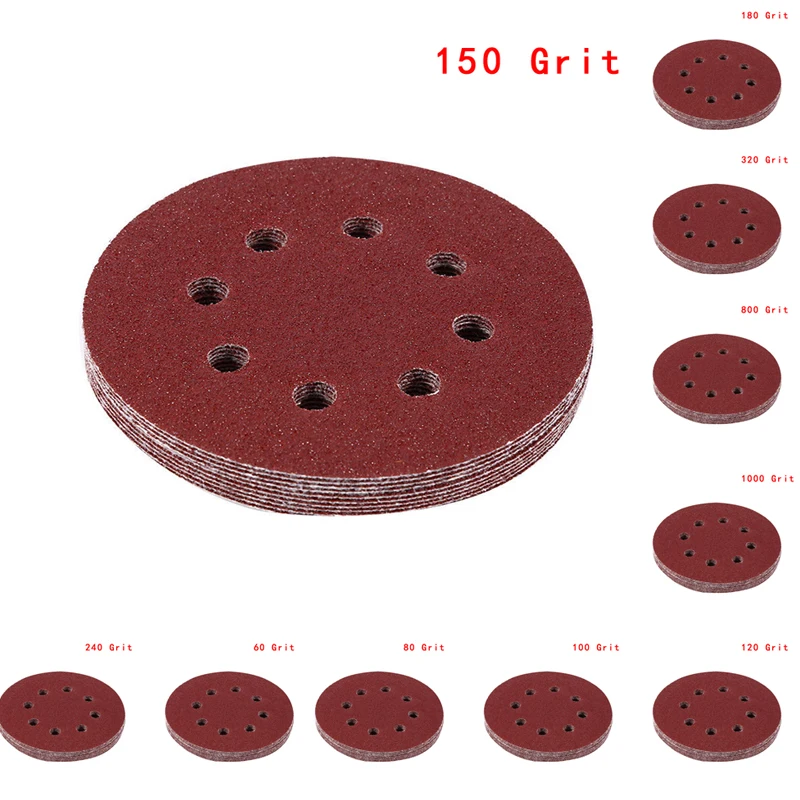 

60-1000 Grit 125mm 5" Hook Pad 10Pcs 8 Hole Loop Sanding Discs Orbital Sander