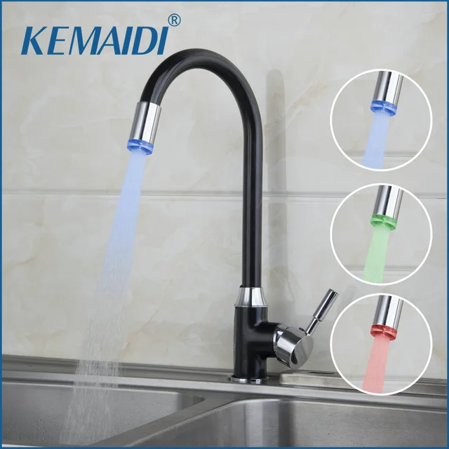 Best Offers KEMAIDI Modern Design Style LED Light Swivel Kitchen Faucets Cozinha Torneira Deck Mounted Single Hole Bathroom Faucets Mixer