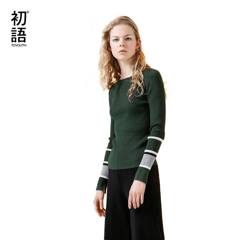 

Toyouth Knitted Sweaters 2017 Autumn Women Striped Patchwork O-Neck Skinny Long Sleeve Pullover Sweater