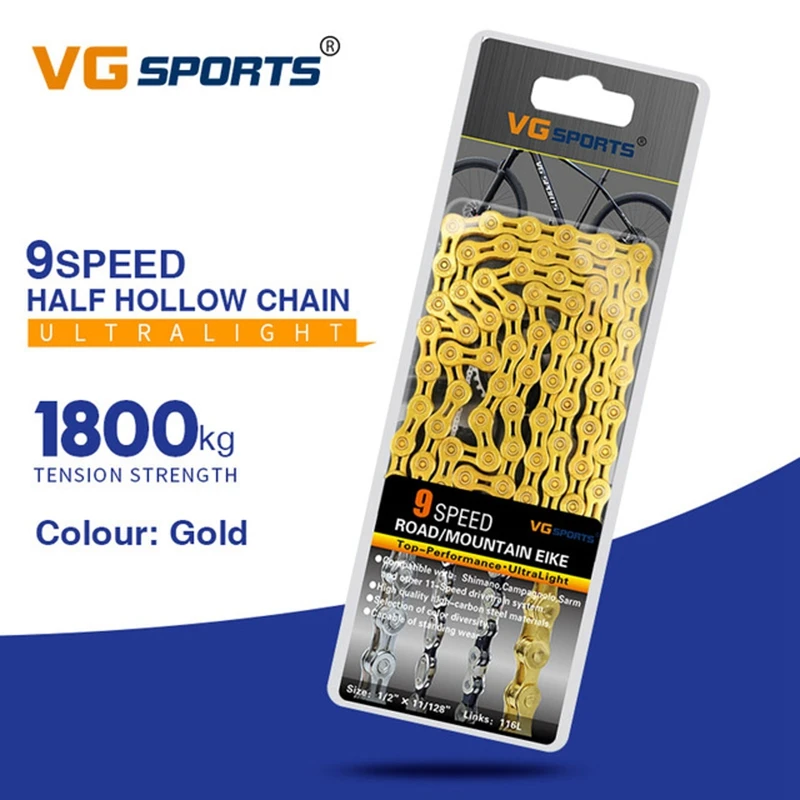 Sale Vg Sports Ultralight 9 Speed Bicycle Chain Bike Chain Half Full Hollow 116L Mountain Mtb Road Bike Chains-Gold 1