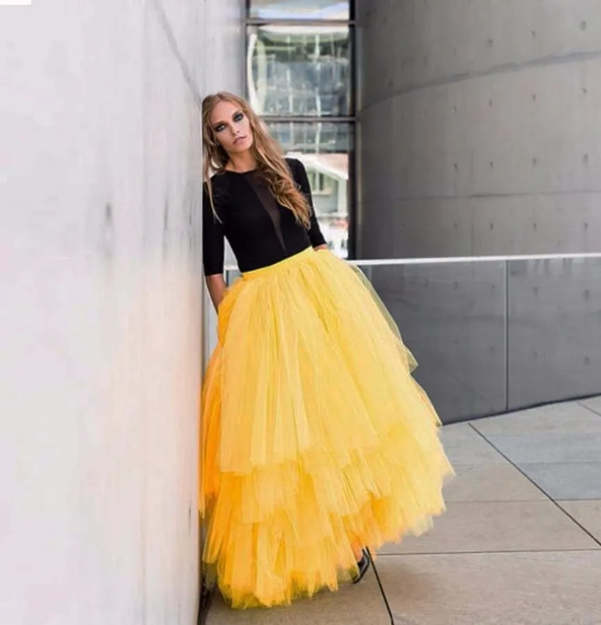 18.1 Yellow Maxi Adult Long Skirt Tutu Tulle Tiered Layers Bust Skirts for Women Stylish Long Party Homecoming Dresses