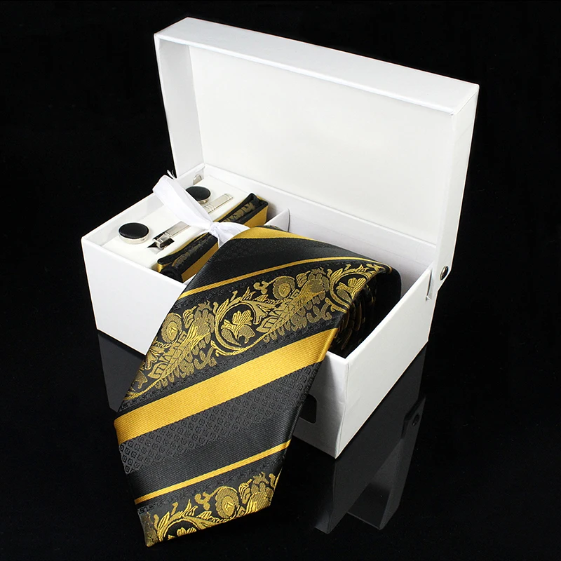 

KAMBERFT Luxury Ties for Men Paisley Silk Jacquard Woven Tie Handkerchief Cufflinks&clips Gift Box Set Wedding Party Neck tie