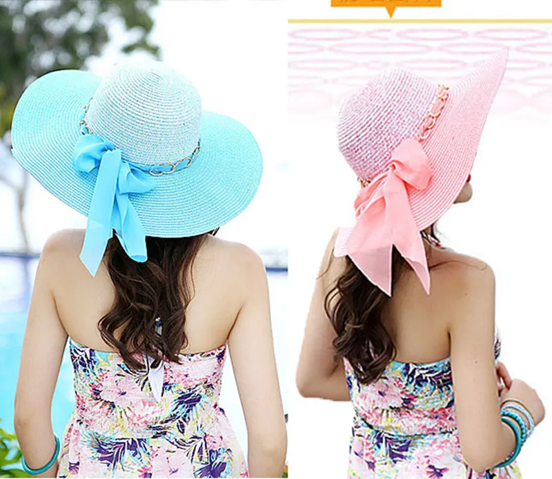 Hat female summer sun visor bow big hat foldable beach hat fashion sun hat Ribbon and metal decoration hat
