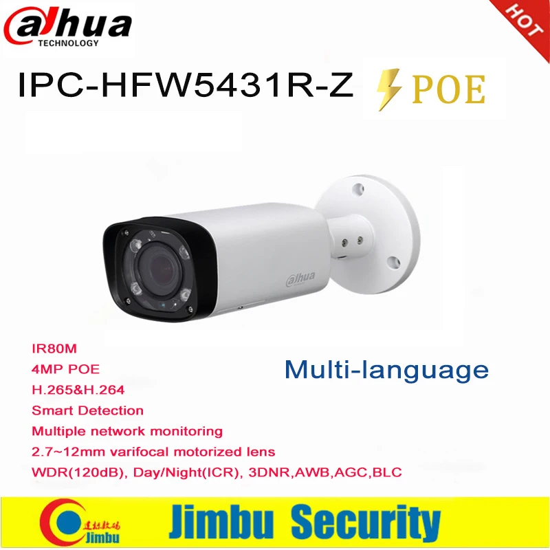 

Dahua IP Camera IPC-HFW5431R-Z POE H.265 /H.264 4mp IR80M 2.8mm ~12mm varifocal motorized lens WDR 3DNR IP67 Smart detection