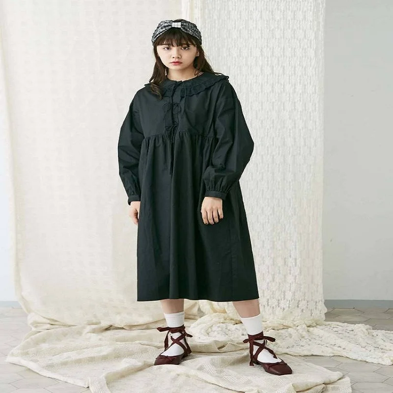

2018 New Autumn Women Daesses Dentelle Bow Long-sleeved Solid Black Ccotton Loose Size Fashion Women's Dress Tide