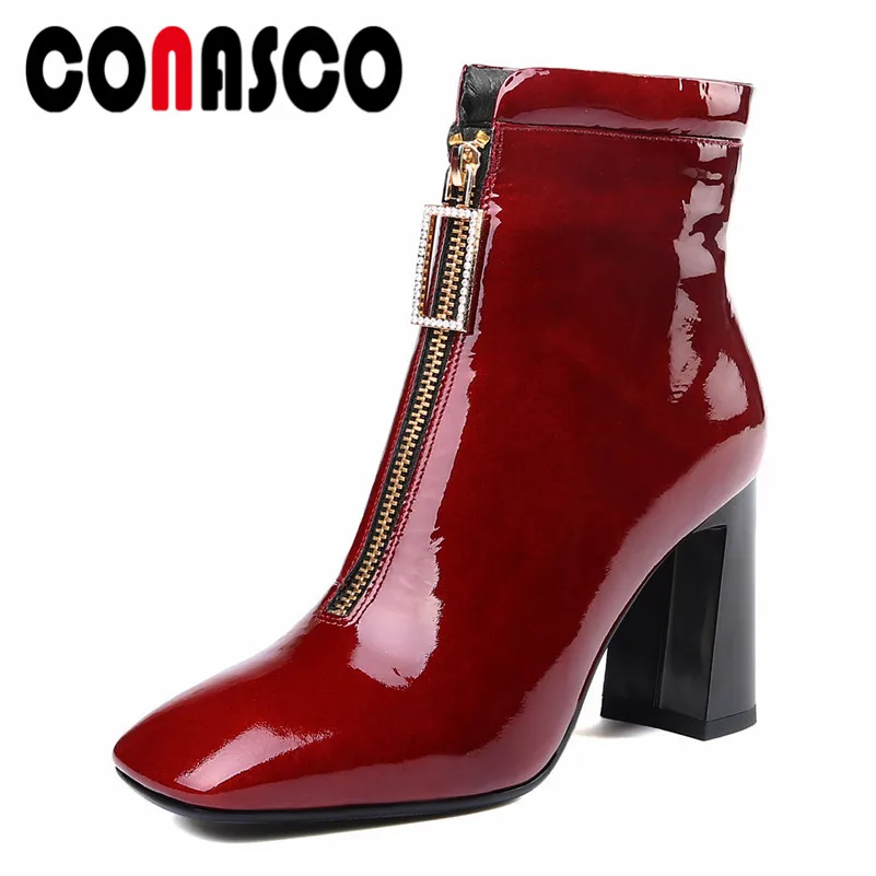 

CONASCO Fashion Brand Women Ankle Boots Sexy Zipper Cow Leather Party Wedding Shoes Woman Square Heels Martin Shoes Prom Pumps