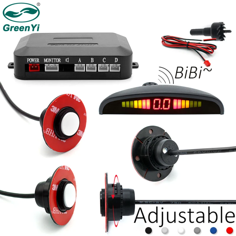 GreenYi Car LED Parking Sensor With 4 Round Flat Sensors 12V De