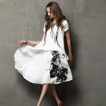

Women Elegant Dress 2017 Chinese Style Vintage Cotton Linen Dresses Short Sleeve V-Neck Printing Dresses Retro Vestido Feminino