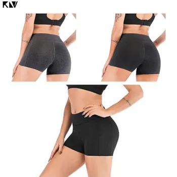 

KLV Women High Waist Butt Lift Workout Leggings Solid Color Compression Biker Yoga Running Athletic Shorts With Pocket