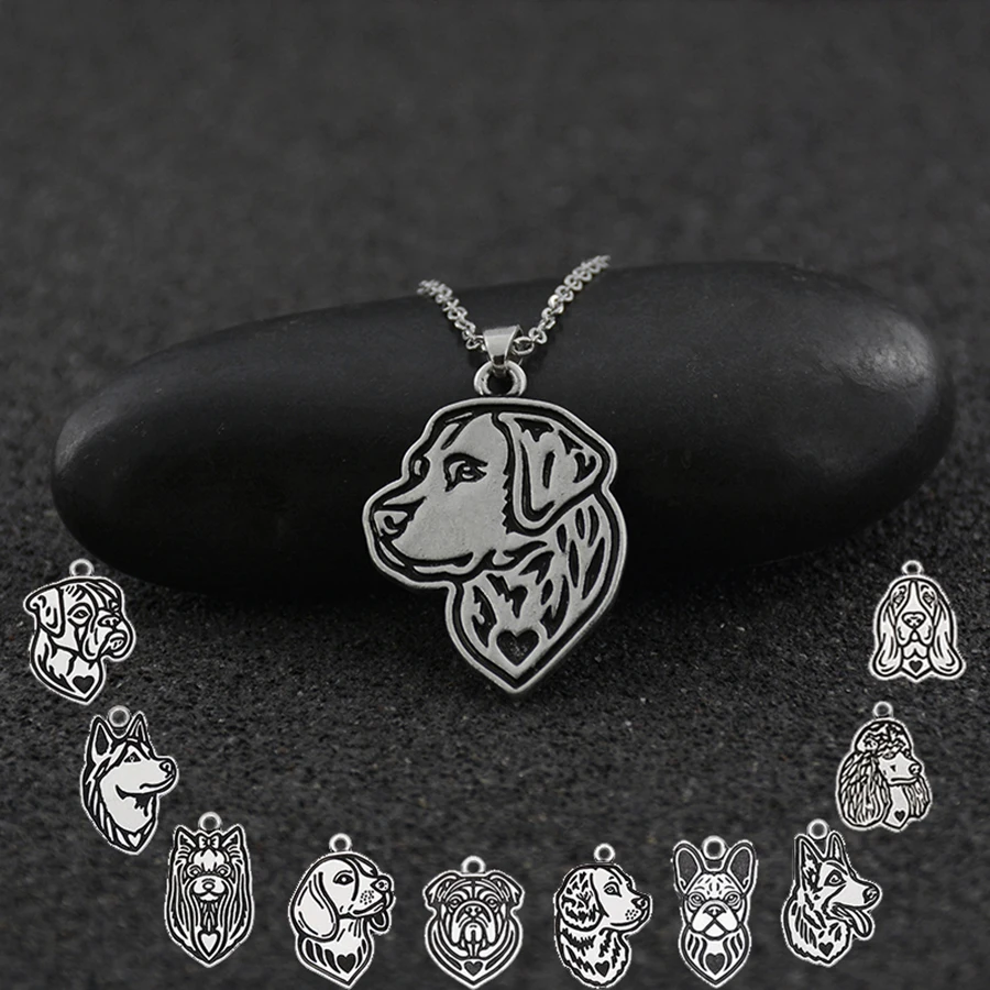 

Vintage Silver 11 Style Dog Breeds Pet French Bulldog Beagle Siberian Husk Pendant Necklace For Women Stainless Steel Long Chain