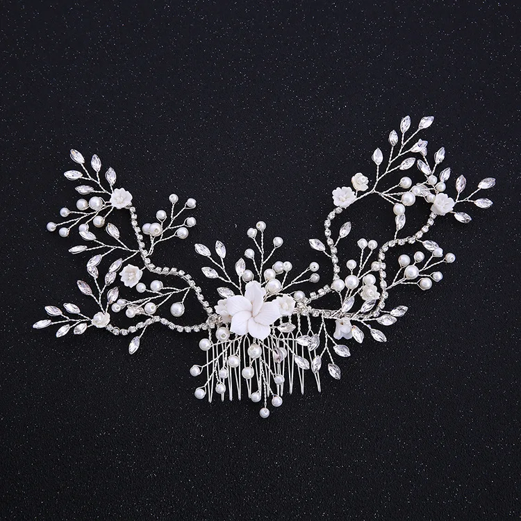 

SLBRIDAL Silver Alloy Wired Rhinestone Crystal Pearls Flower Wedding Hair Comb Bridal Headpieces Hair Accessories Women Jewelry