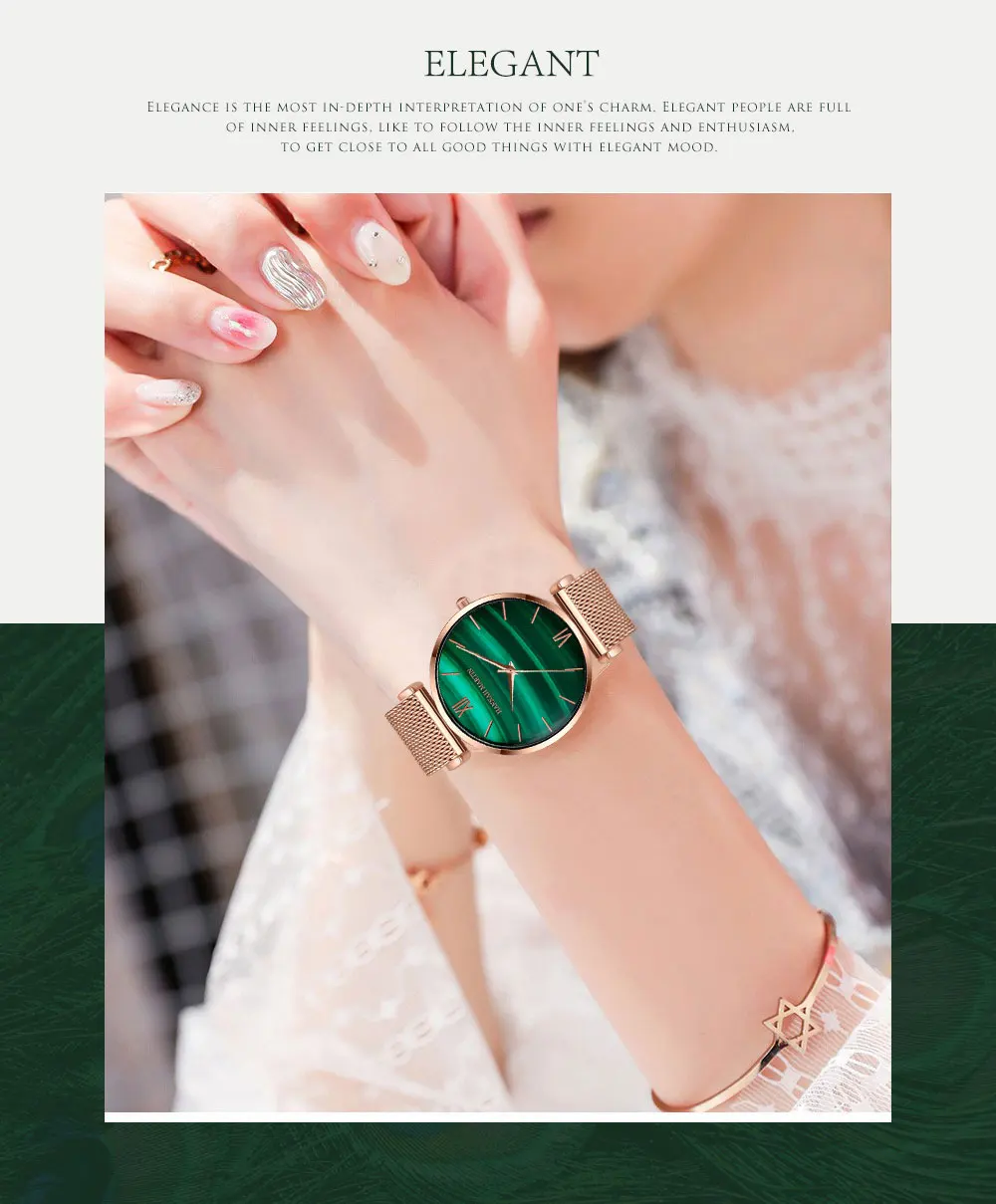 HANNAH Martin Брендовые женские часы Креативный Зеленый Малахит женские кварцевые часы из натуральной кожи Стальные наручные часы Relogio