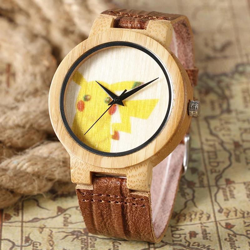 Кварцевые наручные часы с изображением покемона Пикачу из натурального дерева, бамбуковые простые Мультяшные бамбуковые часы с ремешком из натуральной кожи, детский подарок