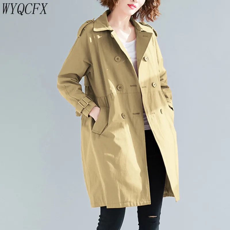 

2019 Spring Autumn Korean Women Clothing Windbreaker Casual Solid Color Large Size Double-breasted Thin Loose Outerwear Trench