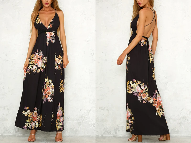 Summer Floral Print Boho Maxi Dress Women Deep V-Neck Sleeveless Spaghetti Strap Split Backless Chiffon Long Dresses (4)