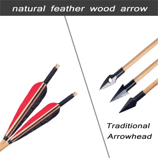 6/12pcs Archery Traditional Broadheads Wooden Arrows Outdoor Bow
